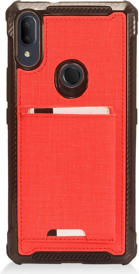 for Alcatel 3V (2019) 5032W - Denim Hybrid Credit Card Pocket Slot/Stand Phone Case - EC5 Red...