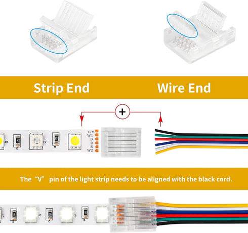 6 Pin LED Strip Connectors Solderless 10 Pack with 16.4ft Extension Cable 6 Conductor for Waterproof or Non-Waterproof 12mm Wide LED Strip Lights,...