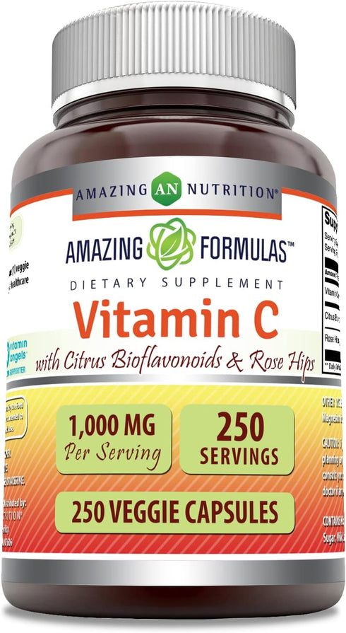 Amazing Formulas Vitamin C (Ascorbic Acid) 1000 mg with Rose HIPS & Citrus Bioflavonoids | Veggie Capsules Supplement | Non-GMO | Gluten Free | Ma...