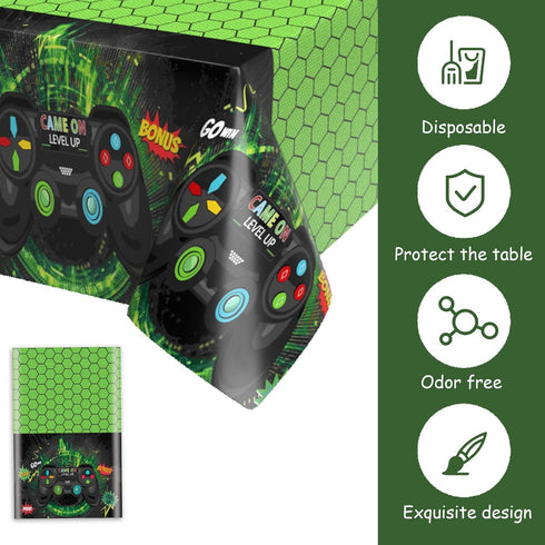 Domgoge Video Game Plastic Table Cloth for Parties Disposable Green Tablecloth Waterproof Game Theme Table Cover 54 x 108Inch Birthday Gaming Part...