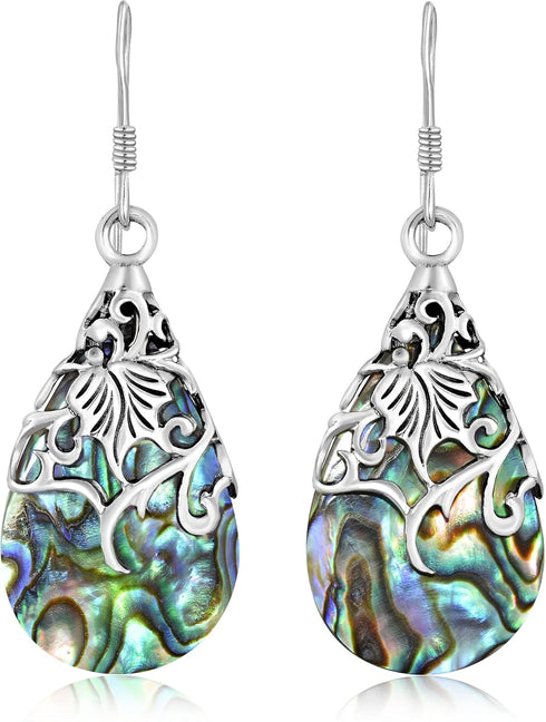 AeraVida Floral Vine Ornate Teardrop Abalone Shell .925 Sterling Silver Earrings | Abalone Earrings...