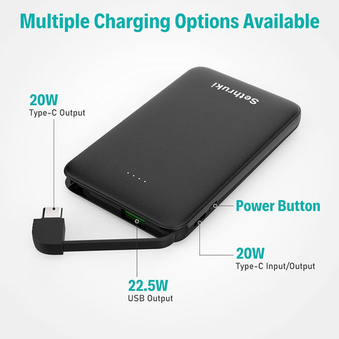 Small Portable Charger,20W Fast Charging Slim Power Bank Built in USB C Cable,Mini Lightweight Phone Battery Pack 6000mAh,USB C Ultra Thin Travel ...