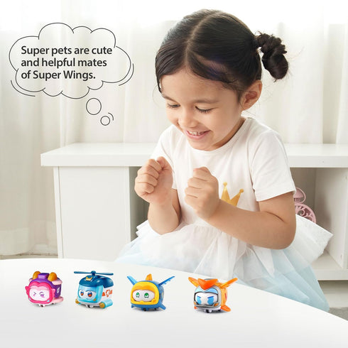Super Wings Super Pets 4-Pack Collection Super Pets Jerome, Golden Boy, Shine, Ellie, Vehicle Action Figure, with Light Effect and Change Emotion ...