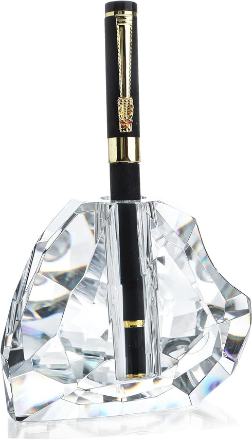 QFkris 3.5'' Crystal Signature Fountain Pen & Pencil Holder Heart Shaped Glass Cut Pen Stand Office Supplies Desktop Organizer Desk Decoration Stu...