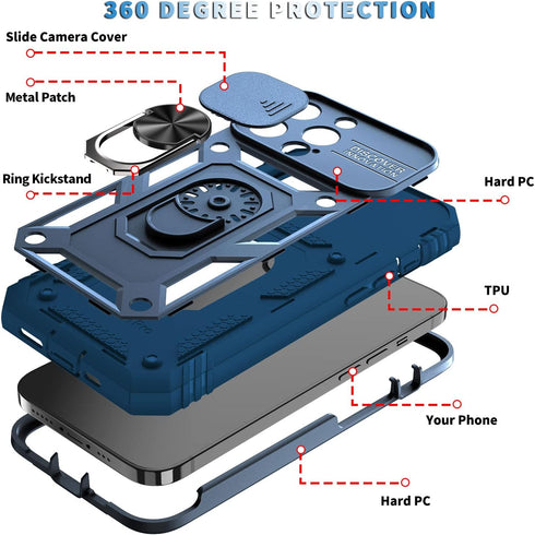 Case for iPhone 13 PRO MAX, Camera Cover Phone Case with Rotation Ring Stand for Apple iPhone 13 PRO MAX - Blue...