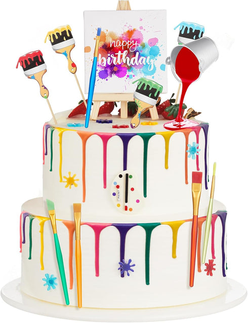 Taiyin 34 Pcs Art Cake Decorations Paint Brush Cupcake Toppers Art Paint Cake Topper Artboard Palette Cake Topper Artist Themed Cake Decor for Gir...