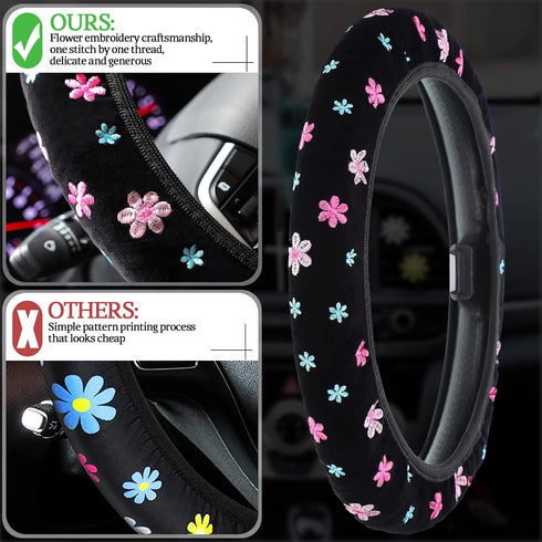 10 Pcs Embroidery Cute Flower Car Accessories Set Floral Steering Wheel Cover Car Air Vent Clips Center Console Armrest Cushion Car Cup Mats Seat ...
