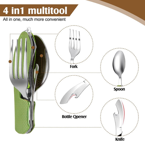 Folding Camping Utensils Cutlery Set 4-in-1 Stainless Steel Spoon Fork Knife Bottle Opener Set Detachable Tableware Pocket Kits Backpacking Cutler...