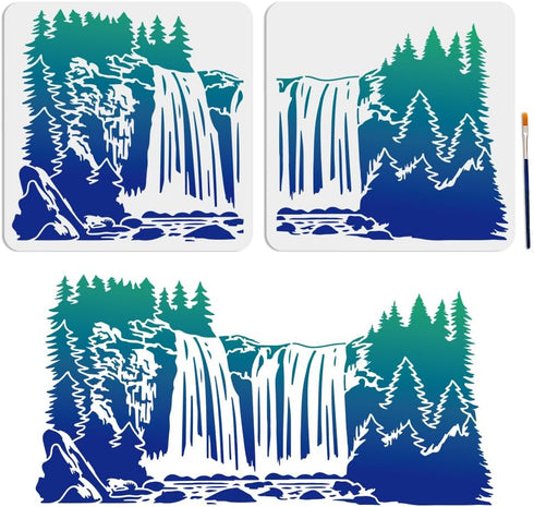 2pcs Waterfall Scenery Stencil Splicing Patterns 22×11inch Large Forest Mountain Landscape Stencil with Paint Brush Natural Scenery 11.8×11.8inch ...