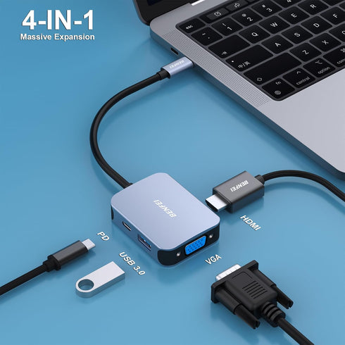 BENFEI USB C HUB 4in1, USB Type-C to HDMI VGA Adapter, USB C to USB Adapter, USB Type-C Power Delivery, Compatible with iPhone 15 Pro/Max, MacBook...