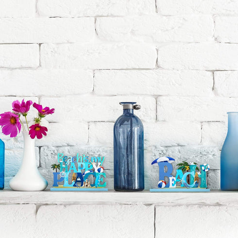 Blulu 2 Pcs Beach Table Signs Ocean Wood Table Decorations Beach Is My Happy Place Sign Under The Sea Animal Coastal Tabletop Centerpieces Nautica...