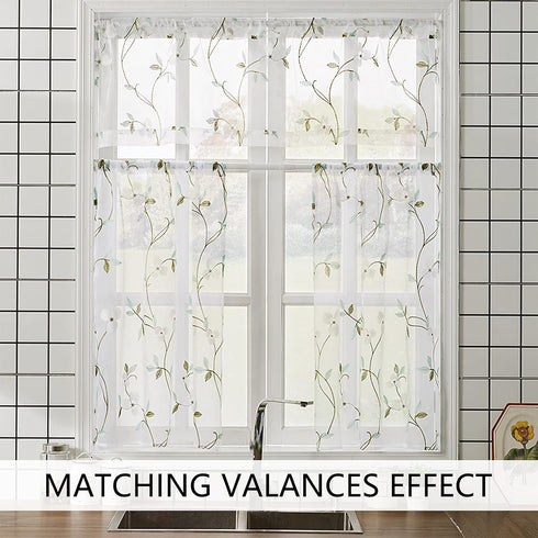 MRTREES Voile Sheer Tier Curtains, Floral Embroidered Kitchen Tiers Rod Pocket, Multi Color Cafe Curtain Tiers Small Half Window Treatment for Bat...