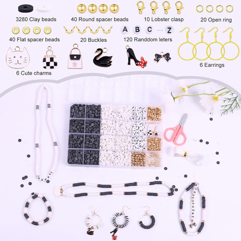 Wuollgess 3500 PCS Black White Clay Beads Kit for Bracelets Making, Polymer Heishi Beads for Jewelry Making, Friendship Bracelet Kit for Adults, L...