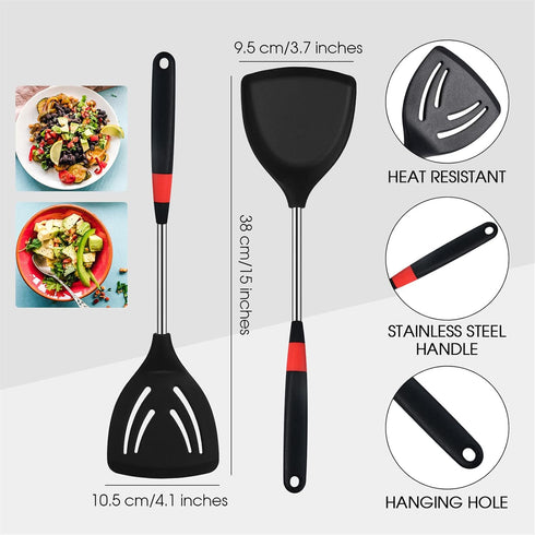 3 Pieces Silicone Stainless Steel Turner Spatula Set Includes Flexible Silicone Wok Spatula Slotted Spatula Skimmer Slotted Spoon for Nonstick Coo...