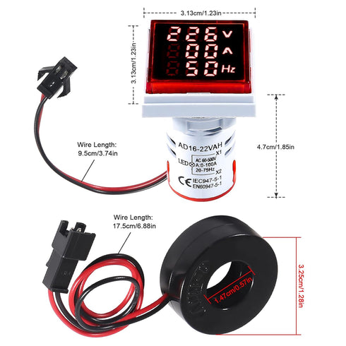 3 in 1 60-500V 0-100A AC Digital Ammeter Voltmeter, 22mm Square Digital Tube Screen with Transformer, LED Display Voltage Detector Current Tester ...