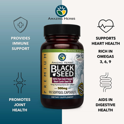Amazing Herbs Premium Black Seed Oil Capsules - Cold Pressed Nigella Sativa Aids in Digestive Health, Immune Support, Brain Function, Gluten Free,...