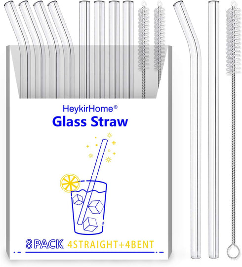 8-Pack Reusable Glass Straw,Size 8.5''x10 MM,Including 4 Straight and 4 Bent with 2 Cleaning Brush- Perfect For Smoothies, Tea, Juice...