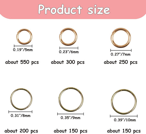 YAKA 1600Pcs 6 Different Sizes Open Jump Rings,5mm 6mm 7mm 8mm 9mm 10mm Ring Jewelry Keychain for Jewelry Making Accessories,1Pcs Jump Ring Open/C...
