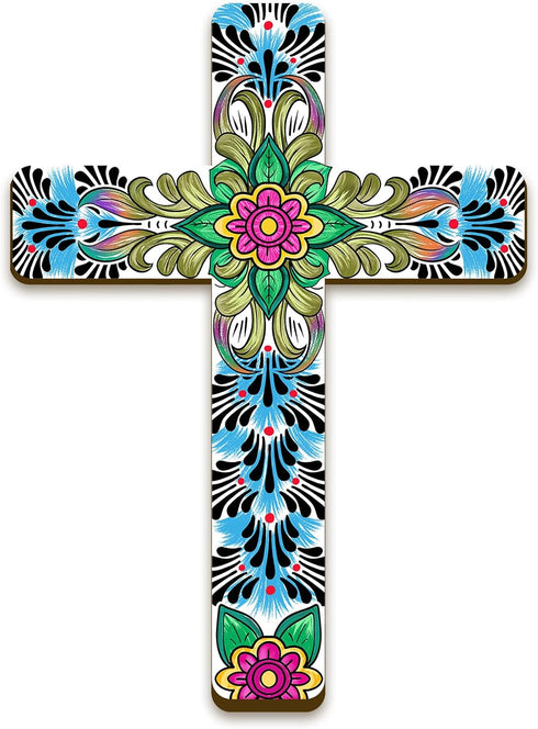 Floral Cross Wall Decor Hand Painted Decorative Inspirational Wooden Cross Mexican Art Wall Decor Mexican Crucifix for Home Room Church Decoration...
