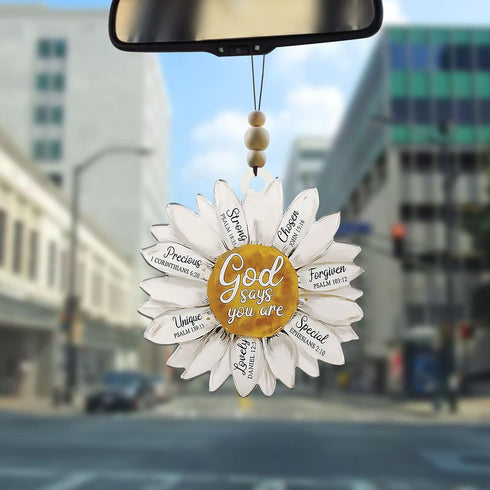 Talataca Daisy 2D Flat Car Ornament & Wood Beads, God Says You are Christian Beaded Rear View Mirror Accessories, Rearview Hanging Charm, Christma...