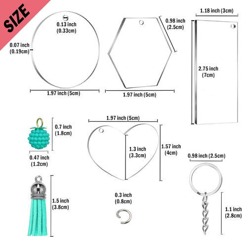 Myzzxt 281 PCS Acrylic Keychain Blank Kit, 4 Shapes of Acrylic Clear Blanks, Key Rings, Tassels, Raspberry Decorations, Jump Rings and Craft Plier...