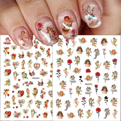 8 Sheets Angel Nail Stickers for Nail Art 3D Love God Cupid Nail Art Stickers Self-Adhesive Heart Rose Nail Supplies Cupid Angel Wings Flower Nail...