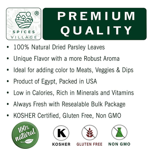 Spices Village Dried Parsley Flakes, Dry Parsley Seasonings, 1.7 Ounces, Kosher Certified, All Natural, Fresh, Gluten Free, Non GMO, Resealable Bu...