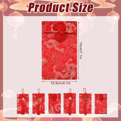 6pcs Silk Red Envelopes Chinese, Silk Hong Bao Chinese New Year Red Lucky Money Envelope with Traditional Patterns & Pendants Red Pocket for Sprin...