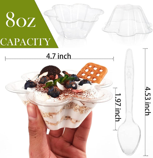50ct 8oz Clear Plastic Dessert Cups with Spoons, Disposable Flower Shaped Ice Cream Bowls, Party Sundae Serving Bowls for Ice Cream, Nuts and Sala...