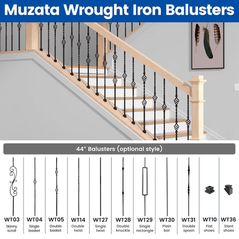 Muzata 10Pack Iron Baluster Shoes Slant Shoes with Screws for 1/2" Square Staircase Baluster Spindle Satin Black Baluster Shoes WT36...