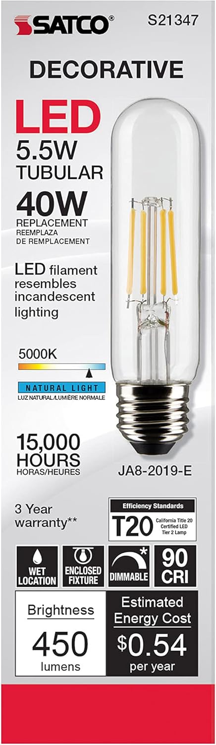 Satco 5.5-Watt LED E26 Light Bulb, 5000K, 15000 Hour Rating, Dimmable...