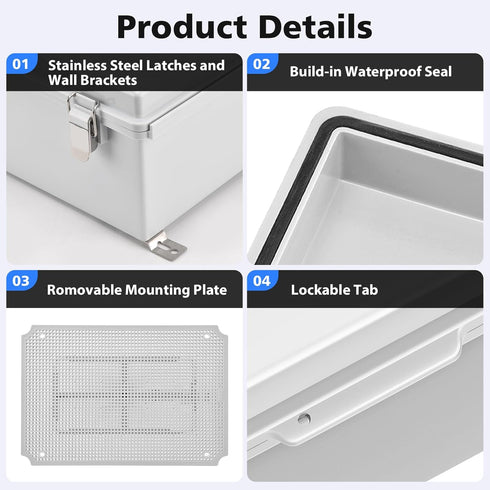 Waterproof Outdoor IP67 Junction Box (7.9"x3.9"x2.8") with Mounting Plate, Hinged Grey Cover and Wall Brackets - Weatherproof ABS Plastic Electric...