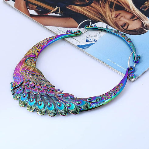 Vintage Ethnic Carved Peacock Necklace Chunky Collar Choker Jewelry Necklace for Women...