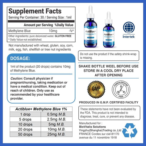 Actiblue+ Methylene Blue 1% : Methylene Blue Pharmaceutical Grade ISO Certified Third Party Lab Tested 99,9% No Formaldehyde No Alcohol No Gluten&...