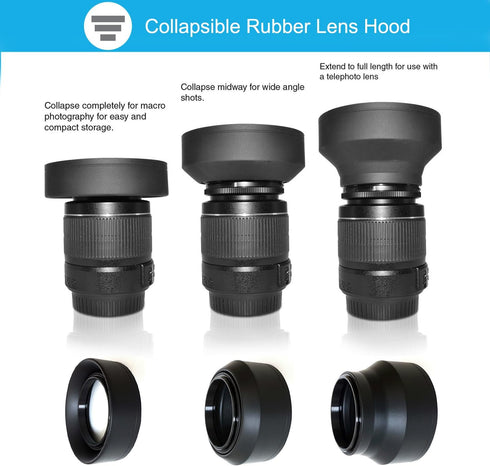 52mm Lens Hood Set, Collapsible Rubber Lens Hood with Filter Thread + Reversible Tulip Flower Lens Hood + Center Pinch Lens Cap + Microfiber Lens ...