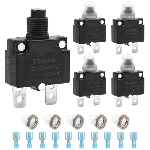 30Amp Thermal Circuit Breaker Assortment Kit Push Button Manual Reset 125/250V AC 32V DC Quick Connect Terminals Waterproof Button Caps for Overlo...