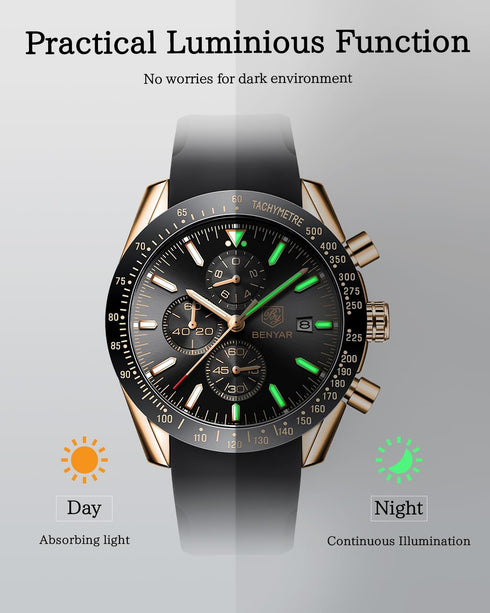 BY BENYAR Watch for Men Analog Quartz Chronograph Waterproof Luminous Designer Mens Wrist Watches Business Work Sport Casual Dress Watch with Sili...