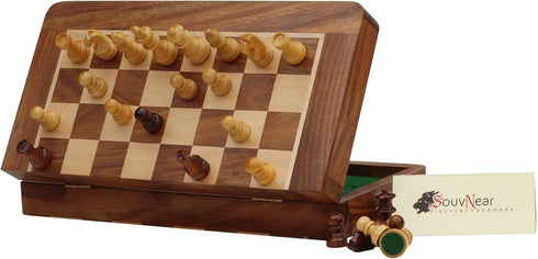 Magnetic Travel Chess Board Set - Classic Wood Staunton 7 X 7 Inch Pocket Chess Set with Folding Game Board Handmade in Fine Rosewood...