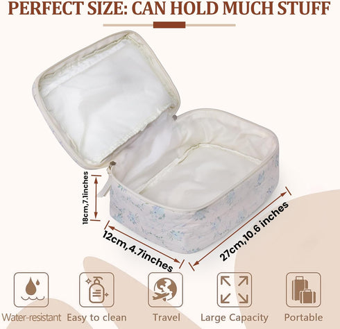 Large Quilted Makeup Bag,Floral Cotton Cosmetics Bag Toiletry Bag for Women Girls, Aesthetic Cute Coquette Travel Makeup Essentials Organizer Bag ...