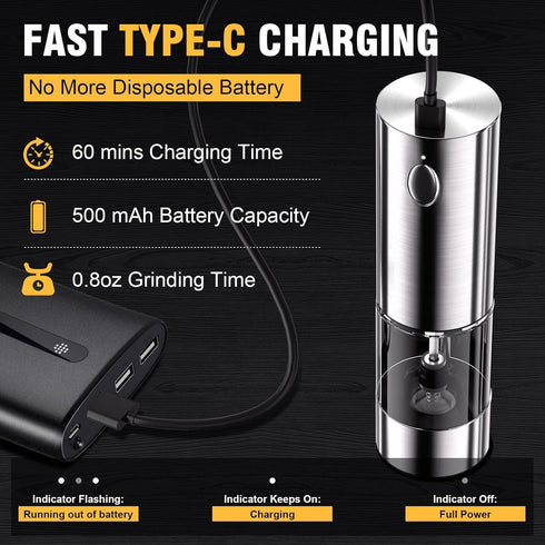 Electric Salt and Pepper Grinder, Rechargeable Automatic Pepper Mill with Type-C Cable, Adjustable Coarseness with Bright LED Light, 1.8oz Capacit...