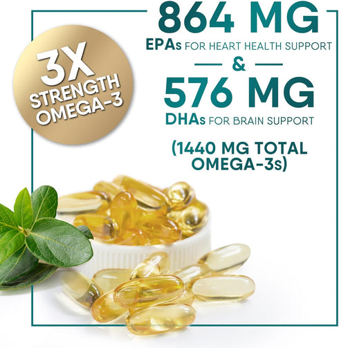 Triple Strength Omega 3 Fish Oil 2400 mg Supplement, Nature's Omega-3 Supplements, Brain & Heart Health Support - EPA & DHA, Fish Oil in Each Soft...