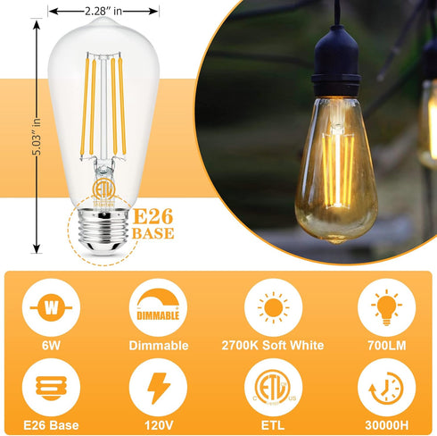 hansang E26 Edison Light Bulbs Dimmable 2700K Warm White, Vintage Edison Bulbs 60 Watt Equivalent LED, 6W Filament Light Bulbs CRI 85+, ST58 LED B...