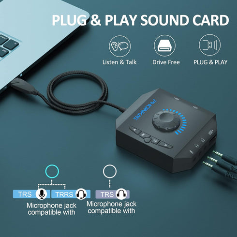 T10 External Sound Card, PHOINIKAS USB Audio Adapter for PC Windows, Mac, Linux, Laptops, Desktops, Stereo Sound Card with 3.5mm Interface & USB I...