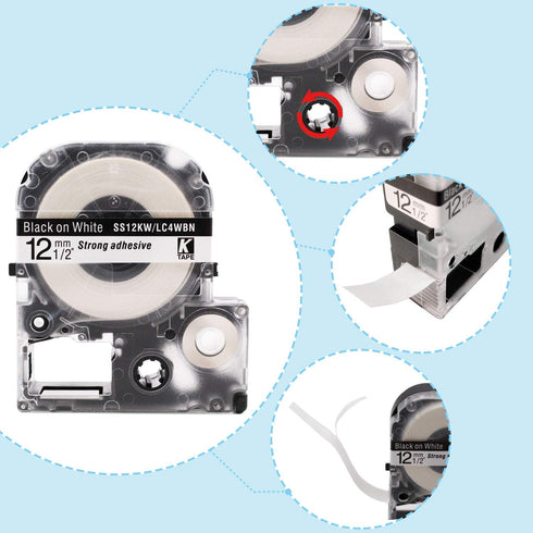 Absonic 2-Pack Compatible for LK-4BWV LC-4BWV9 12mm 0.47" White on Black Label Tape Work with Epson LabelWorks LW-300 LW-400 LW-500 LW-600P LW-700...