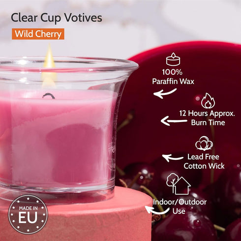HYOOLA Clear Cup Scented Votive Candles - Wild Cherry - 12 Hour Burn Time - 4 Pack - European Made...