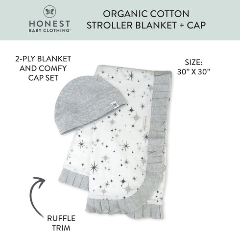 HonestBaby Knit Stroller Blanket with Trim detail and Baby Hat 100% Organic Cotton for Infant Boys, Girls, Twinkle Star Gray (2-pack), One Size...