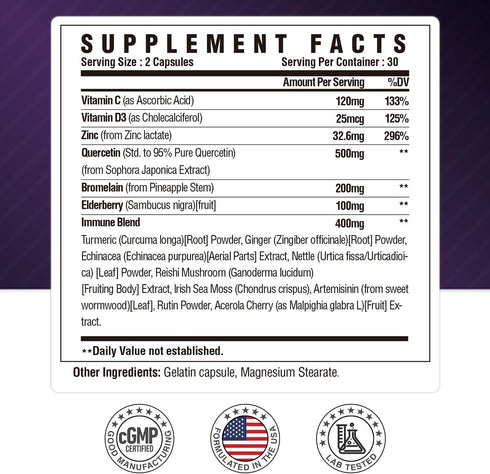 Quercetin with Bromelain, Quercetin 500mg Capsules, Vitamin C & D3, Zinc and Elderberry - Advanced Lung Immune and Respiratory Support Supplement ...