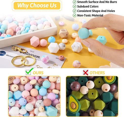 FASHEWELRY 122Pcs Pastel Silicone Beads for Keychain Making Colorful Round Silicone Focal Beads Abacus Hexagon Rubber Beads for DIY Crafts Jewelry...