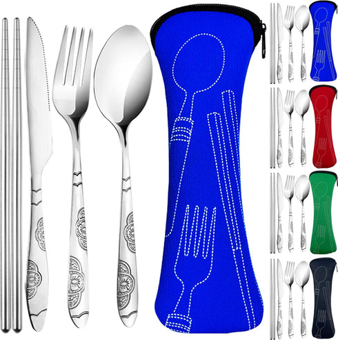 20PCS Premium Travel Utensils With Case, Stainless Steel Reusable Portable Utensils Set With Case, Lengnoyp Travel Silverware Set With Case for Lu...