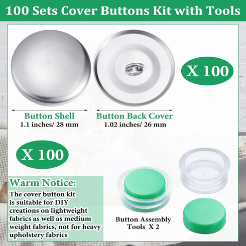100 Sets Cover Buttons Kit with Tools Size Buttons to Cover Self Cover Buttons with Wire Backs DIY Fabric Cloth Cover Buttons (Size 45/1.1 Inch)...